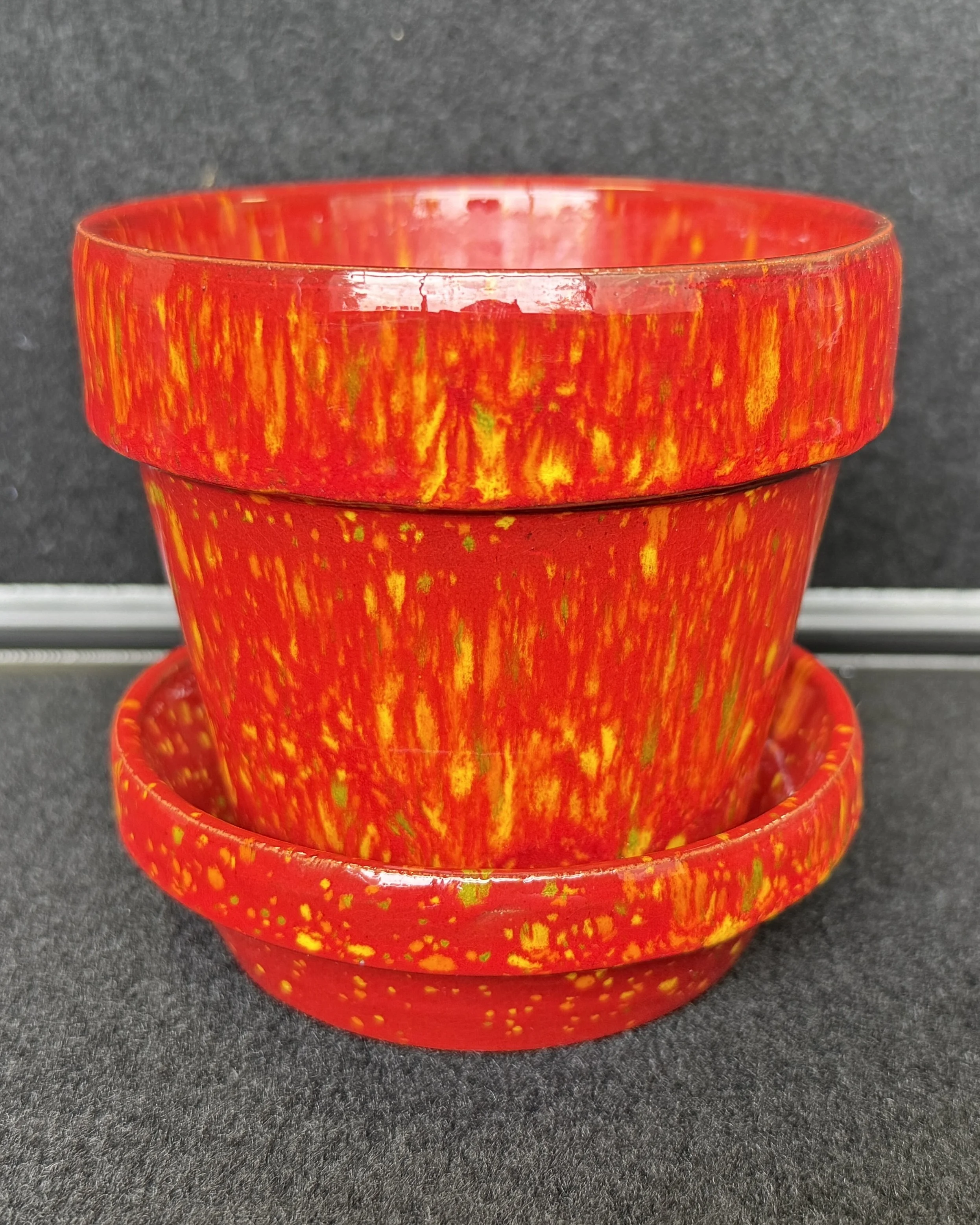 1960s The Peddler's Cart Chicago Splatter-Glazed Terracotta Planter & Saucer