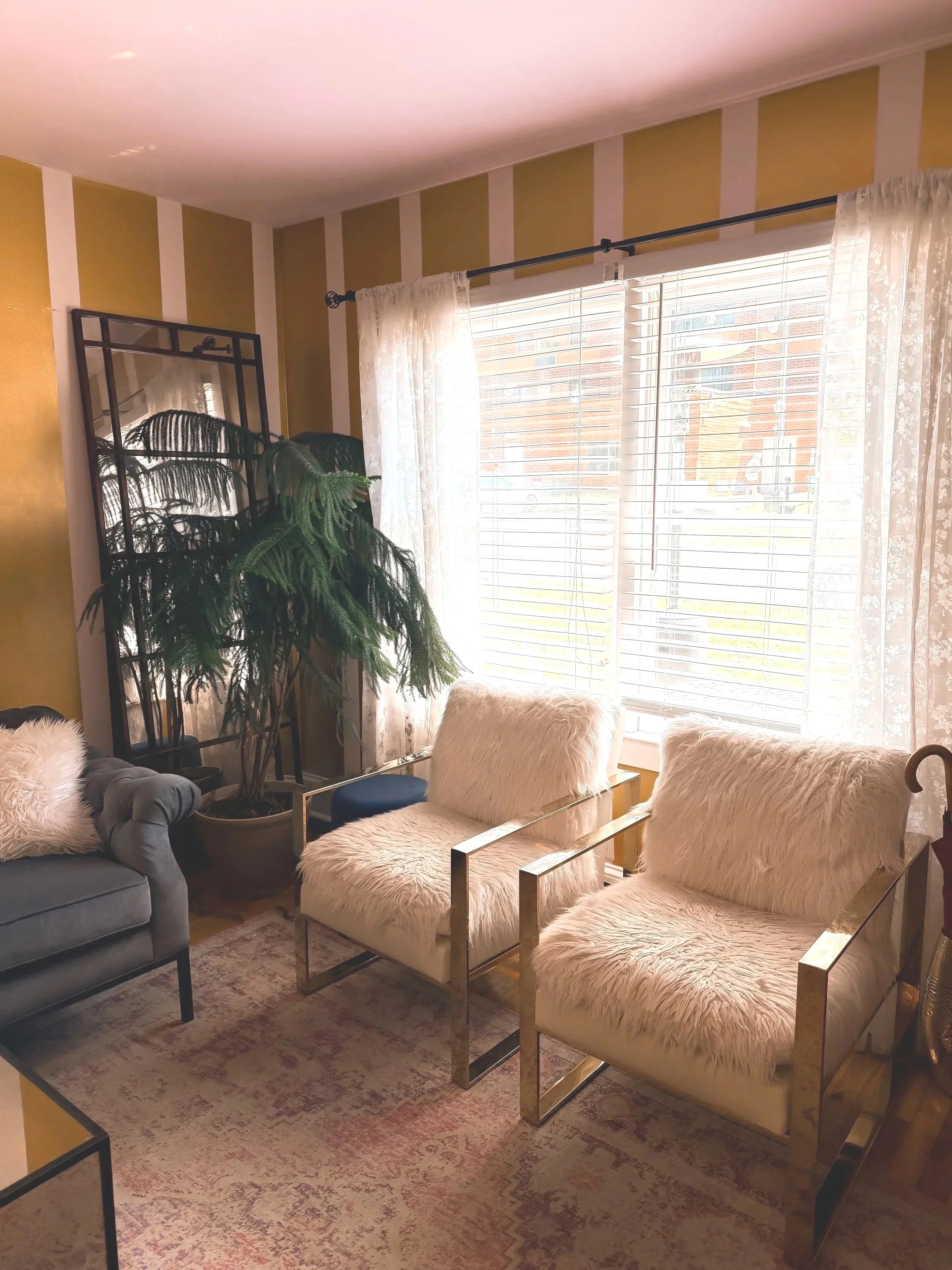Living room with a large window covered by white lace curtains, a big potted plant, a gray tufted sofa, and two beige armchairs with furry covers.