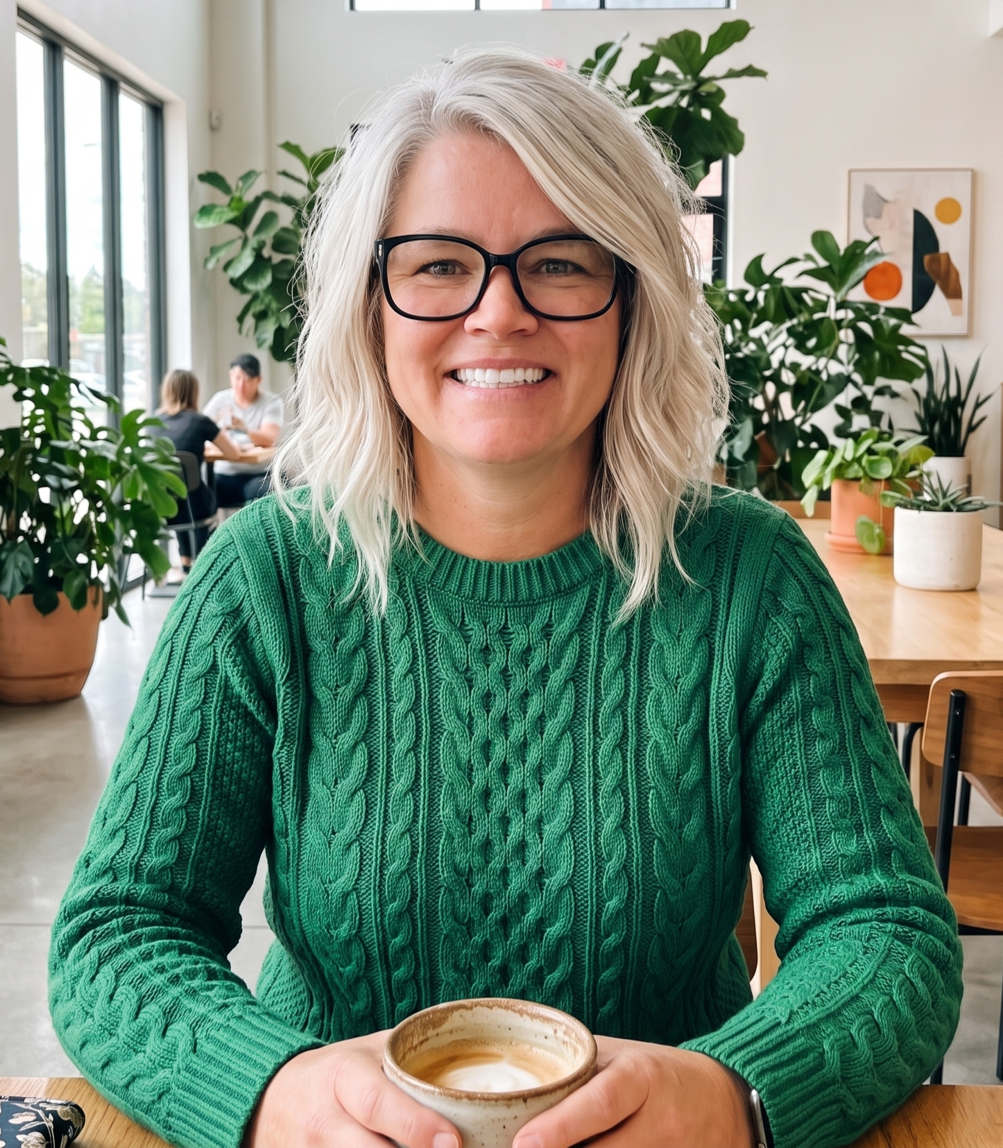 woman at coffee shop in green top drinking coffee
