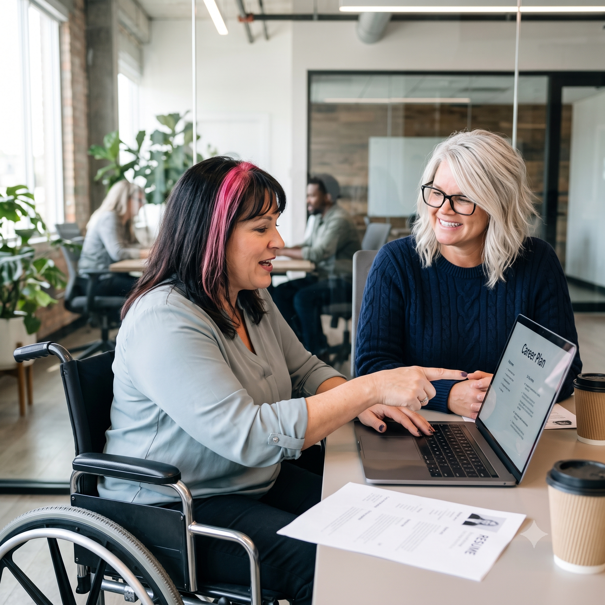 women sitting at a table working on a career plan