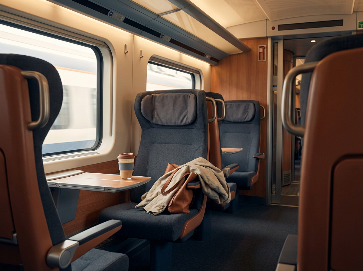 Empty train car with gray and brown seats, a window showing a blurred exterior, a coffee cup on a small table, and a coat and bag on one seat.