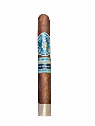 A brown cigar with a blue and silver band and a silver foot.