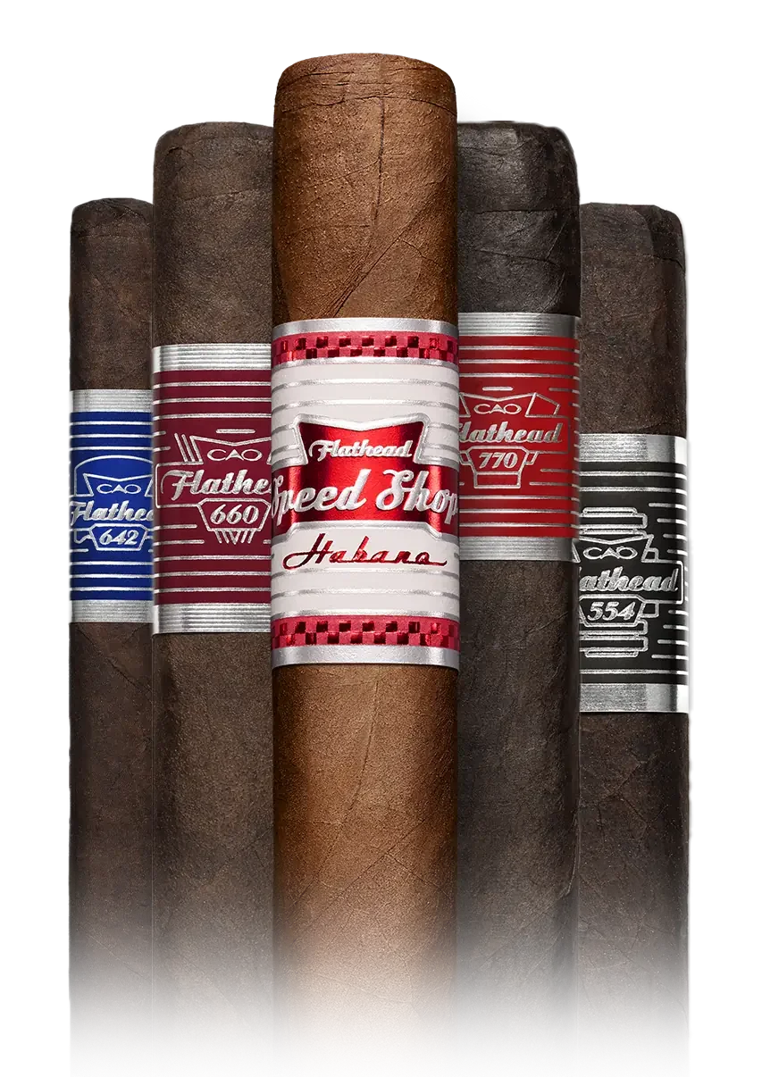 Five cigars with colorful bands, with the middle one labeled 'Habano' and the others displaying various brand markings and numbers.