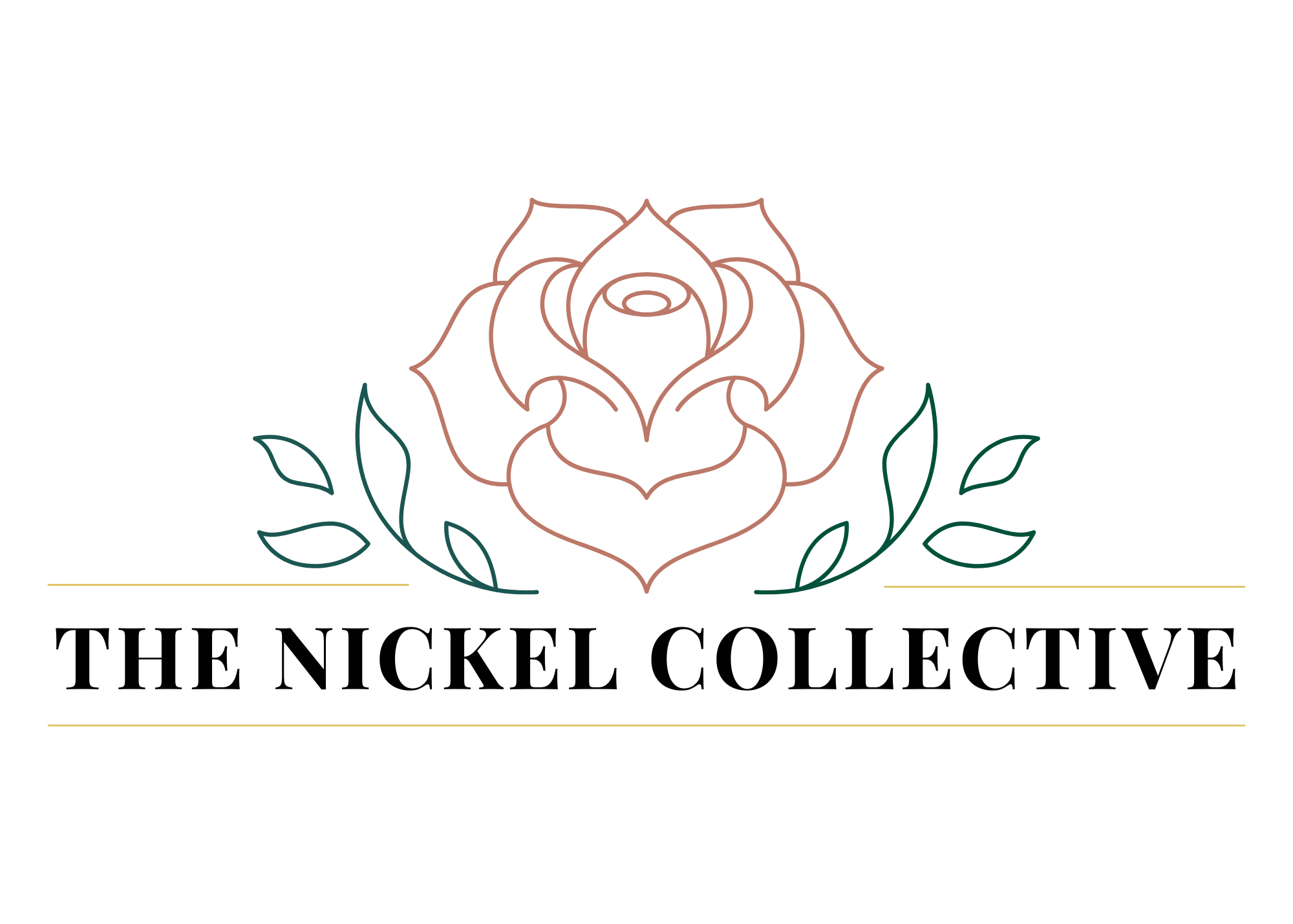 Minimalist logo featuring a stylized rose in brown outline, with green leaves, and the text "The Nickel Collective" in bold black font beneath it.