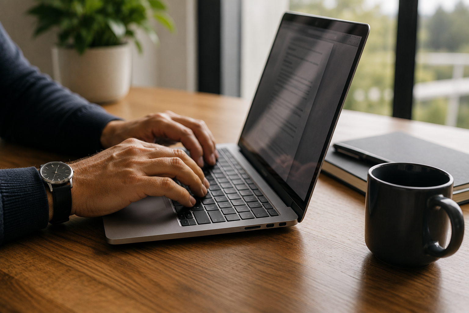 Hands typing on a laptop keyboard on a wooden desk with a black coffee mug, a closed notebook, and a potted plant in the background.
