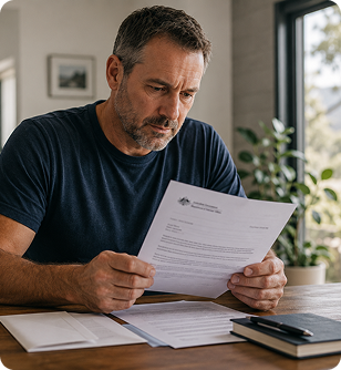 A veteran reading a document at a desk in a well-lit room.
