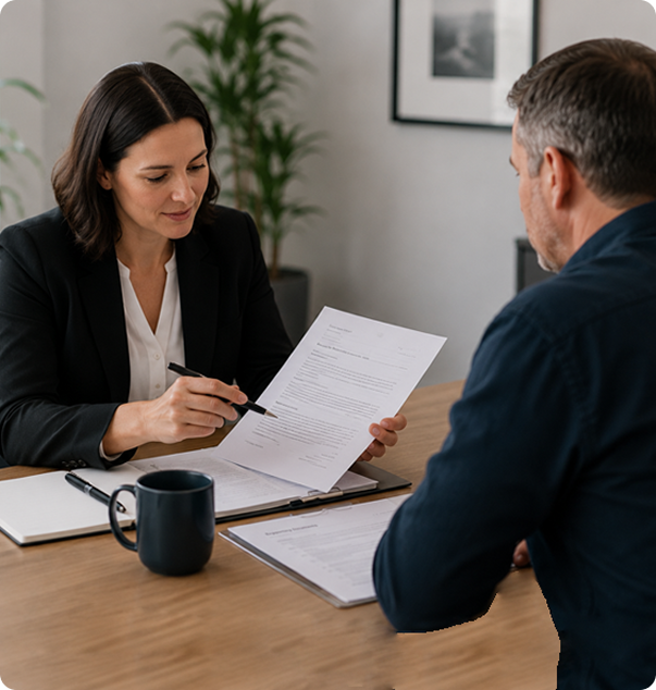 A woman consulting with a veteran during a meeting, sitting at a table with documents, a pen, and a coffee mug.