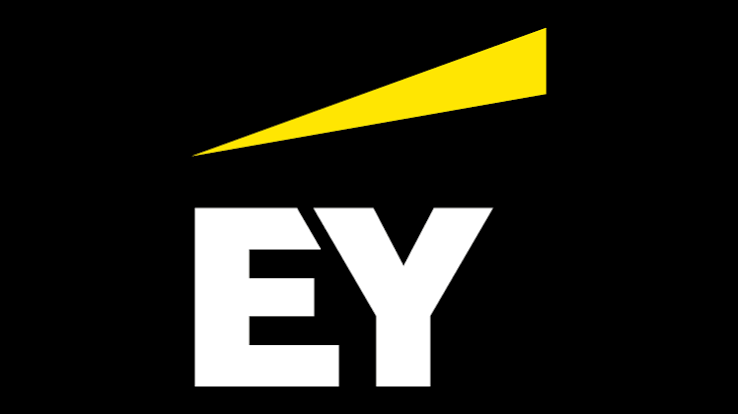 EY logo with a black background, white letters, and a yellow triangular shape above.
