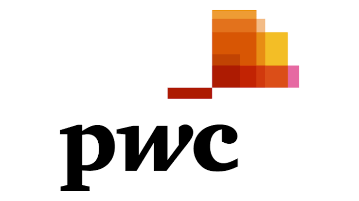 PWC logo with a colorful abstract design above