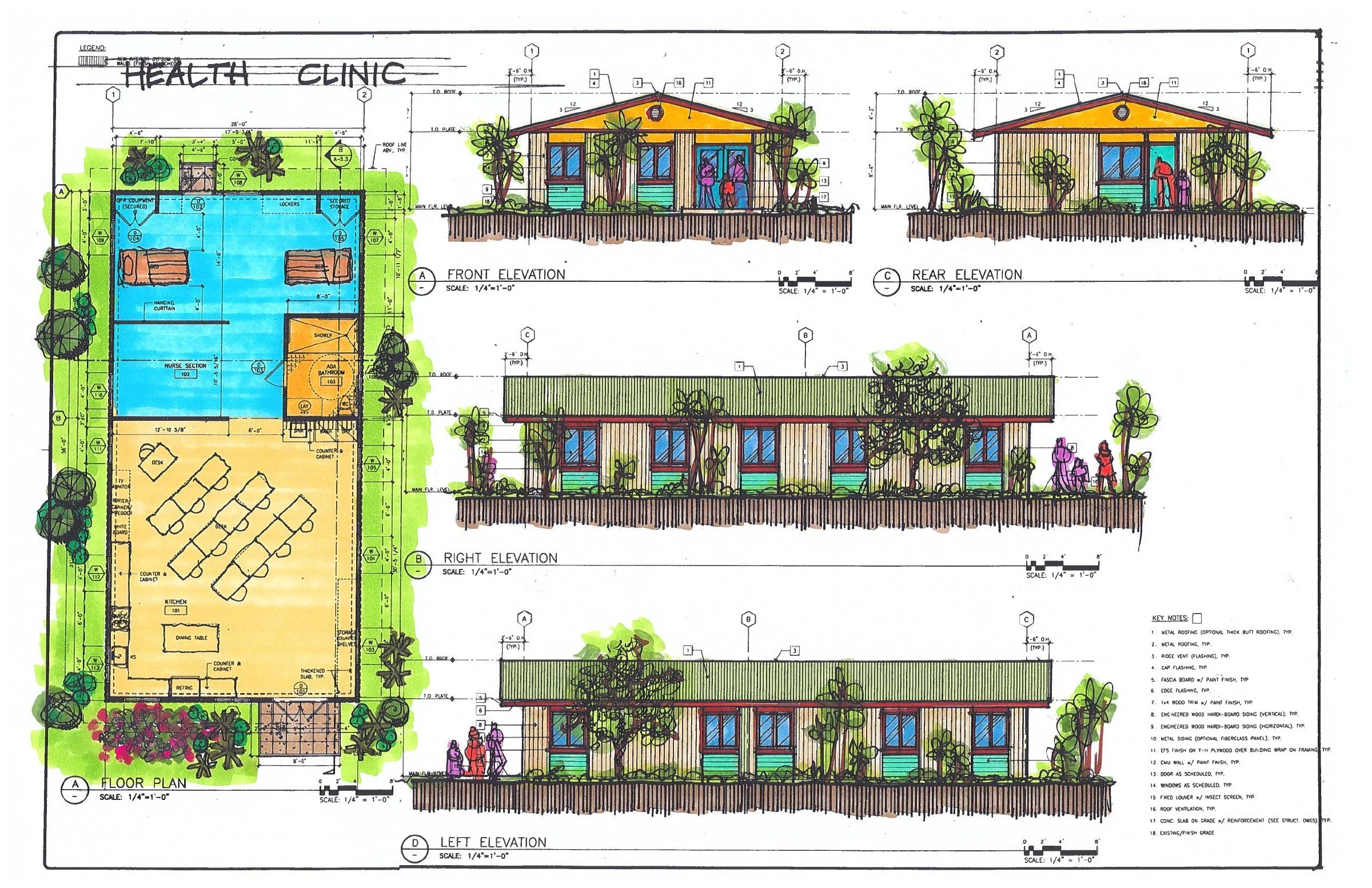 Care within the community — Floor plan and exterior views of the proposed health clinic.