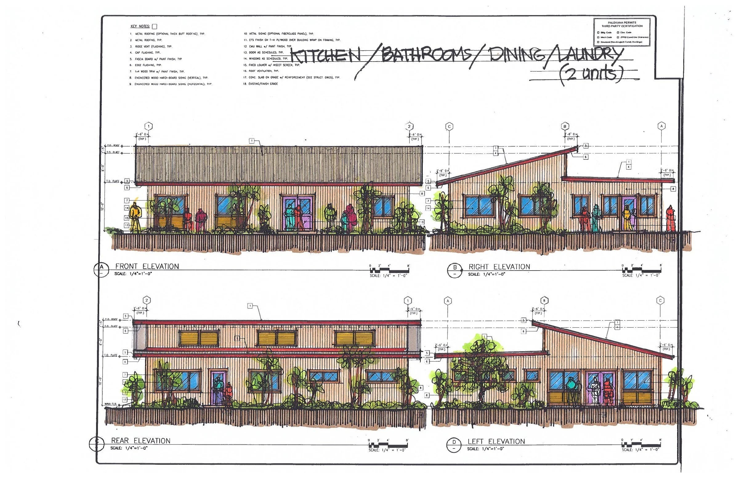 A place to share meals — Exterior views of the planned kitchen, dining, bathroom, and laundry building.