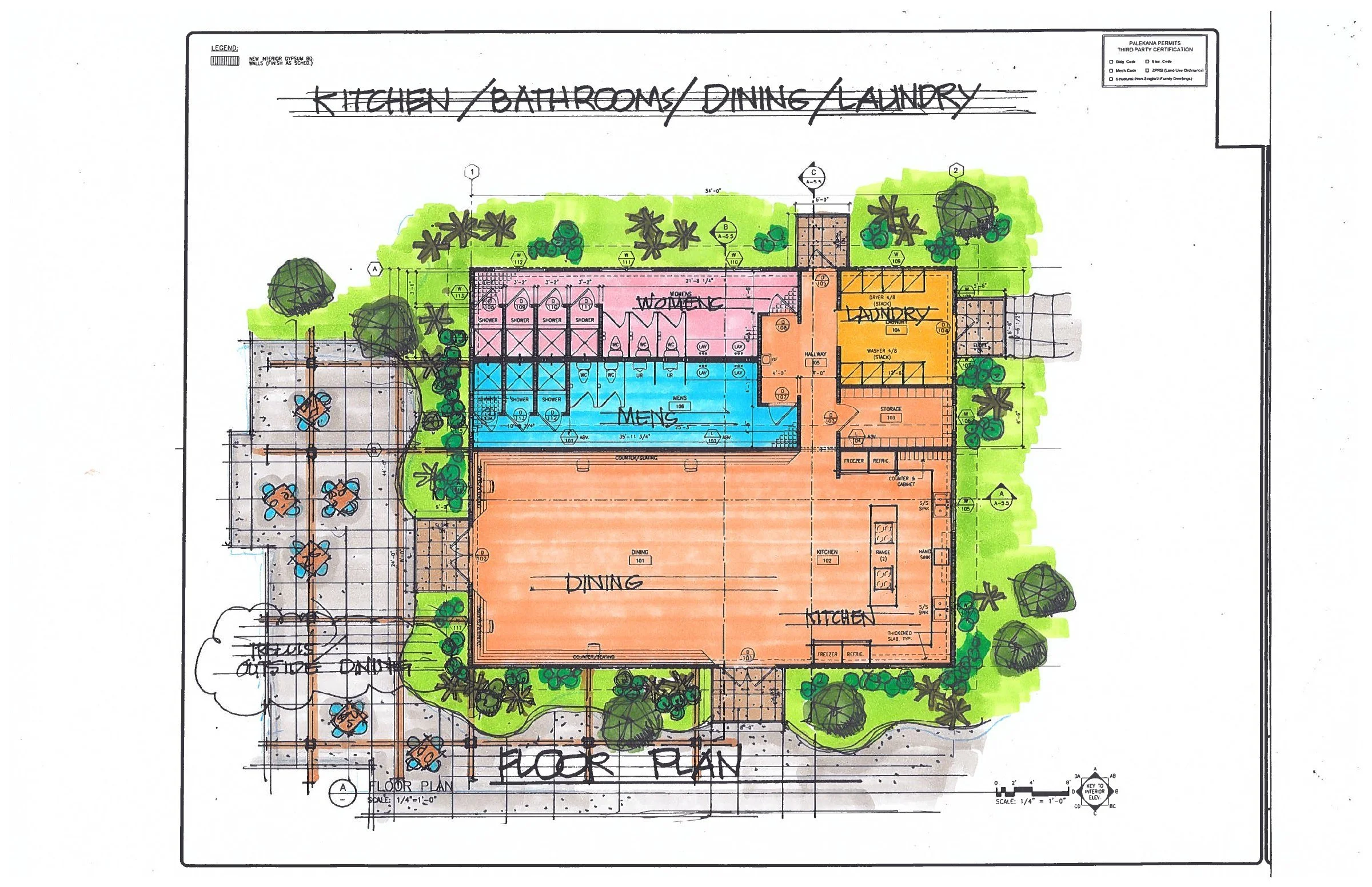 Shared meals and daily needs — Floor plan for the dining hall, kitchen, bathrooms, laundry, storage, and outdoor seating. Proposed design.