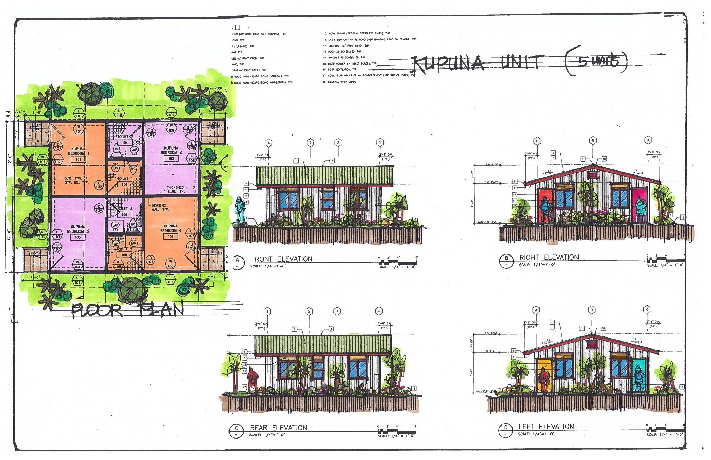 Homes for kūpuna — Floor plan and exterior views of the proposed kūpuna residences.