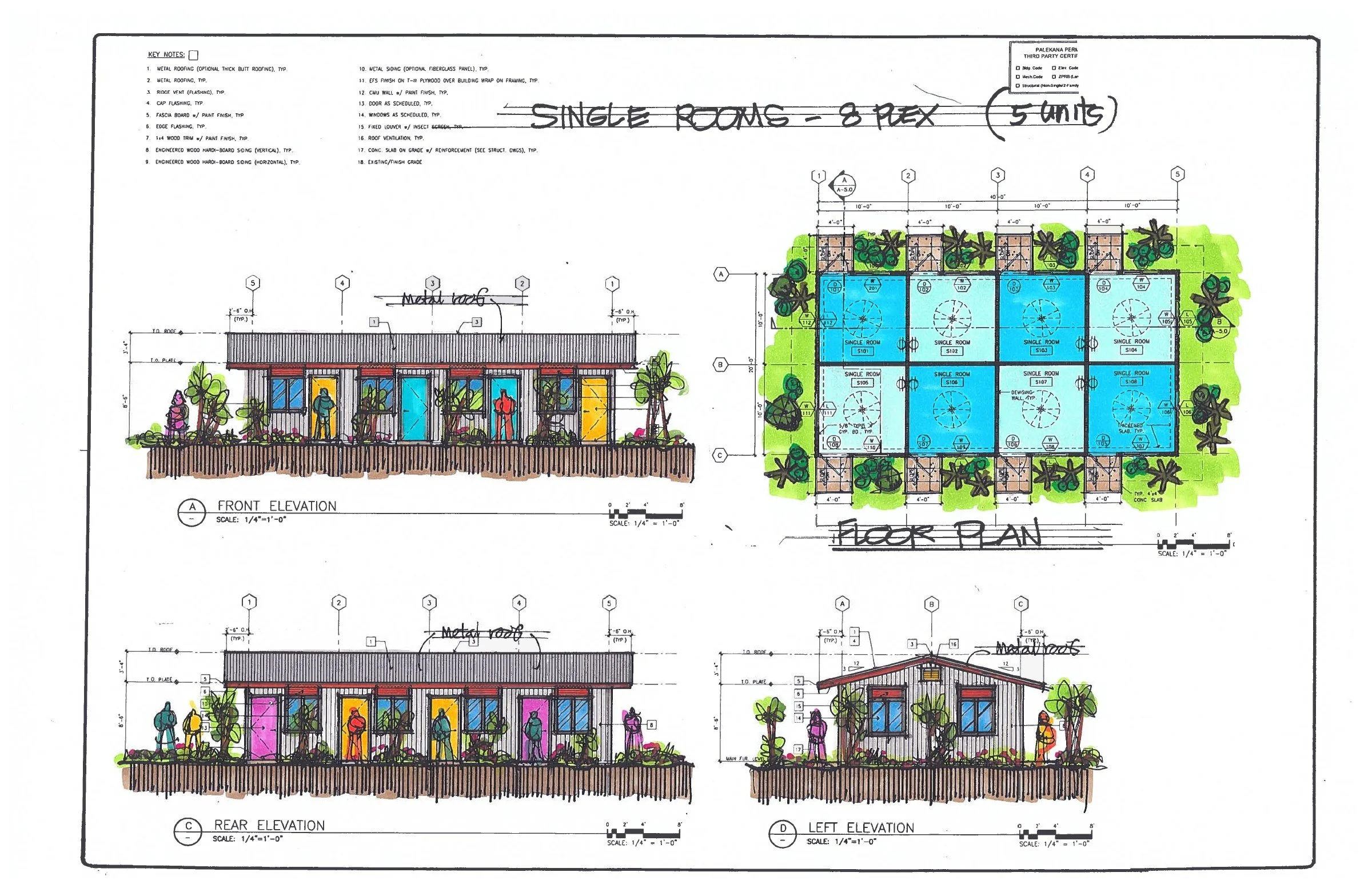 Homes for individuals — Floor plan and exterior views of the proposed single-room residences.