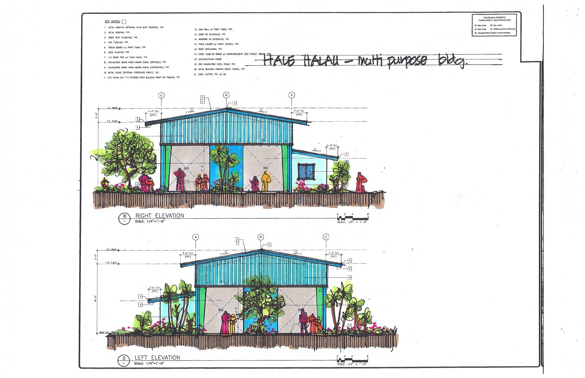 A shared community space — Side exterior views of the proposed Hālau multipurpose building.