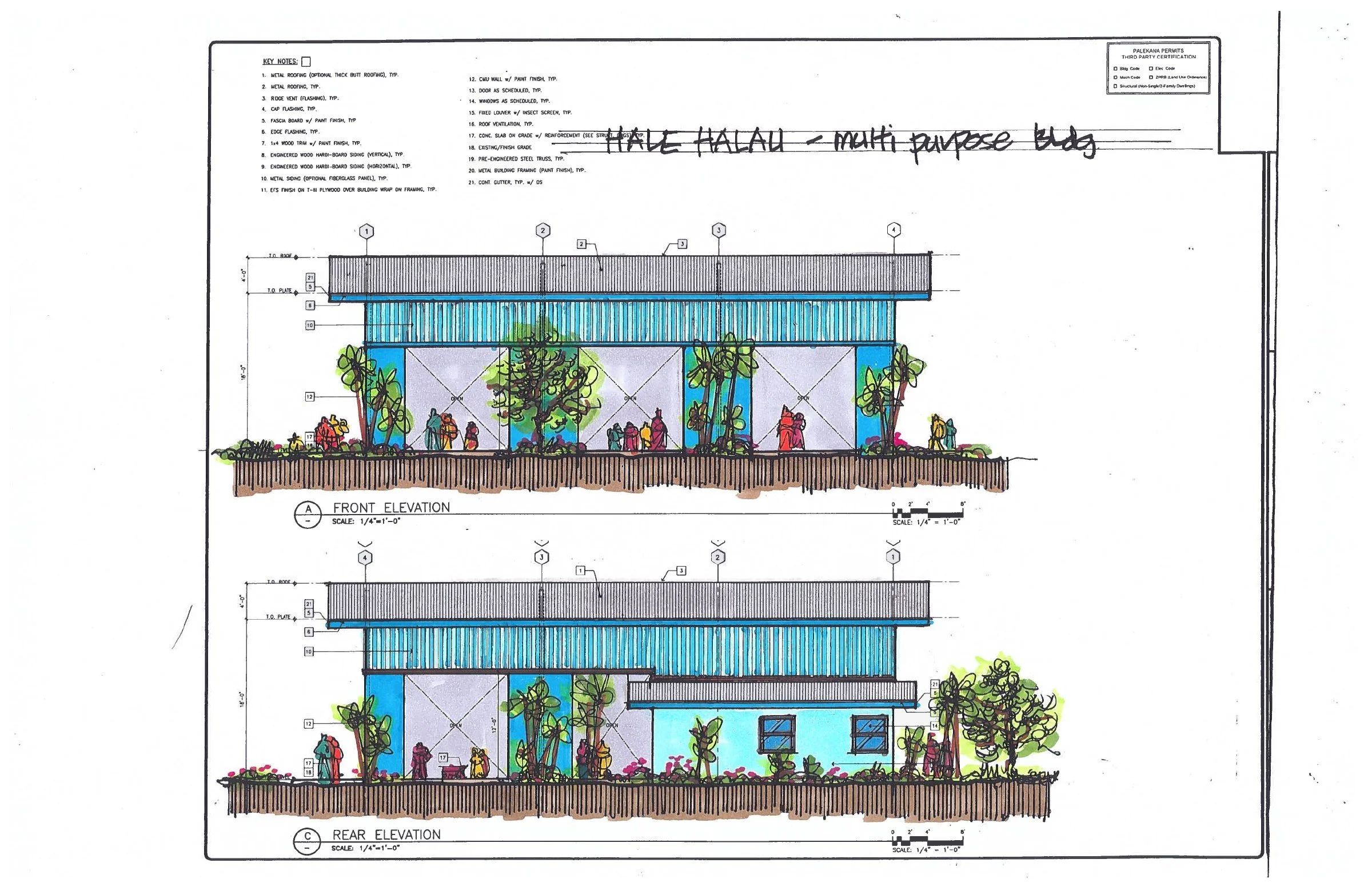 The heart of gathering — Front and rear exterior views of the proposed Hālau multipurpose building.