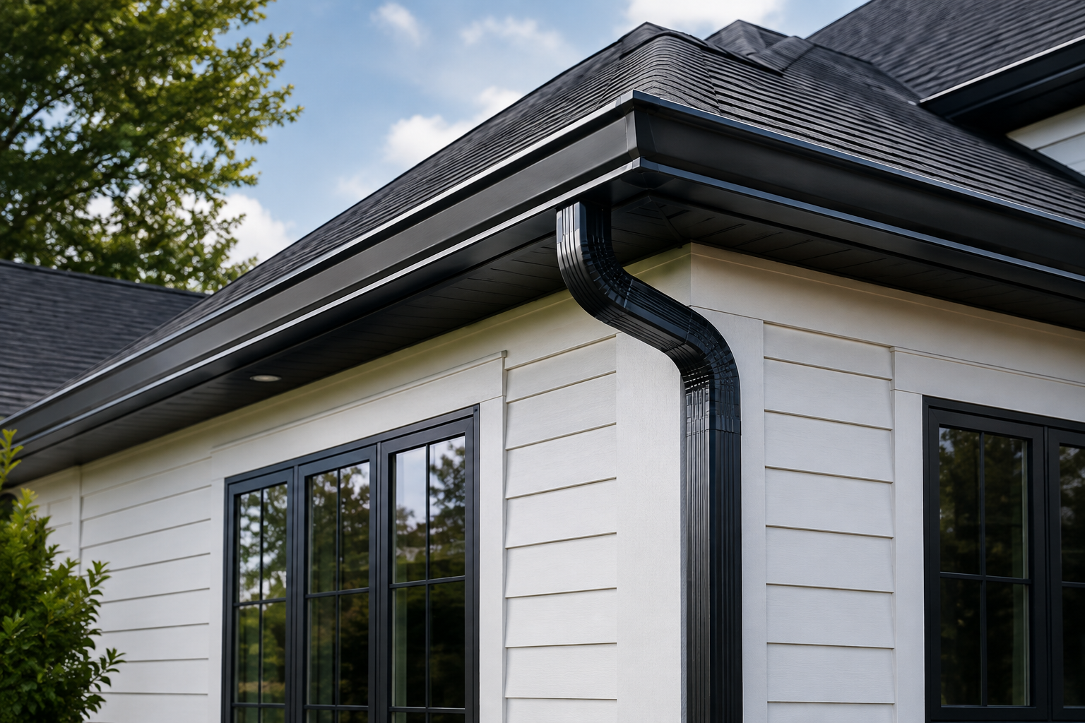 Close-up of the corner of a modern house with white siding, black-framed windows, and a black gutter system against a background of trees and a blue sky.
