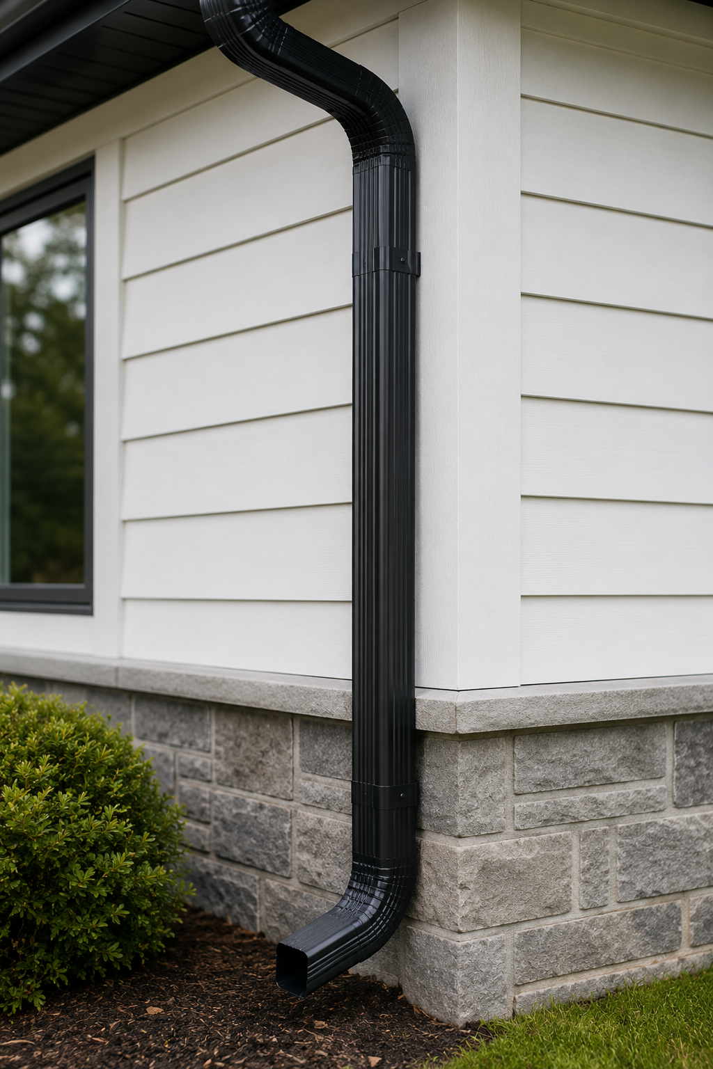 Black rain gutter downspout attached to the corner of a house with white siding and stone foundation, with a small bush in the garden.