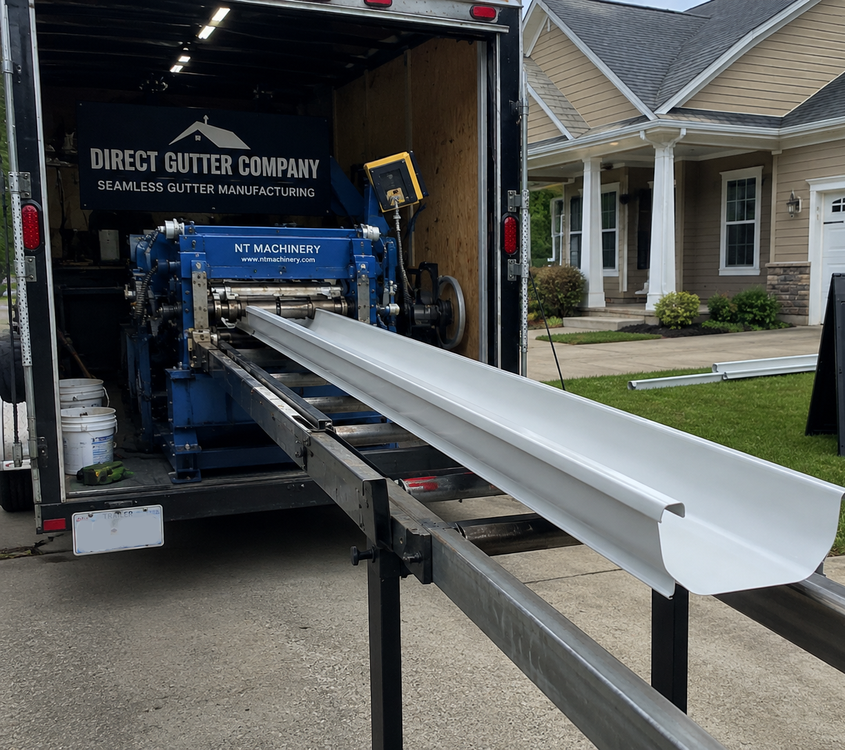 A truck with a gutter manufacturing machine and a white gutter on a conveyor track, parked in a residential driveway in front of a house with beige siding and white columns.