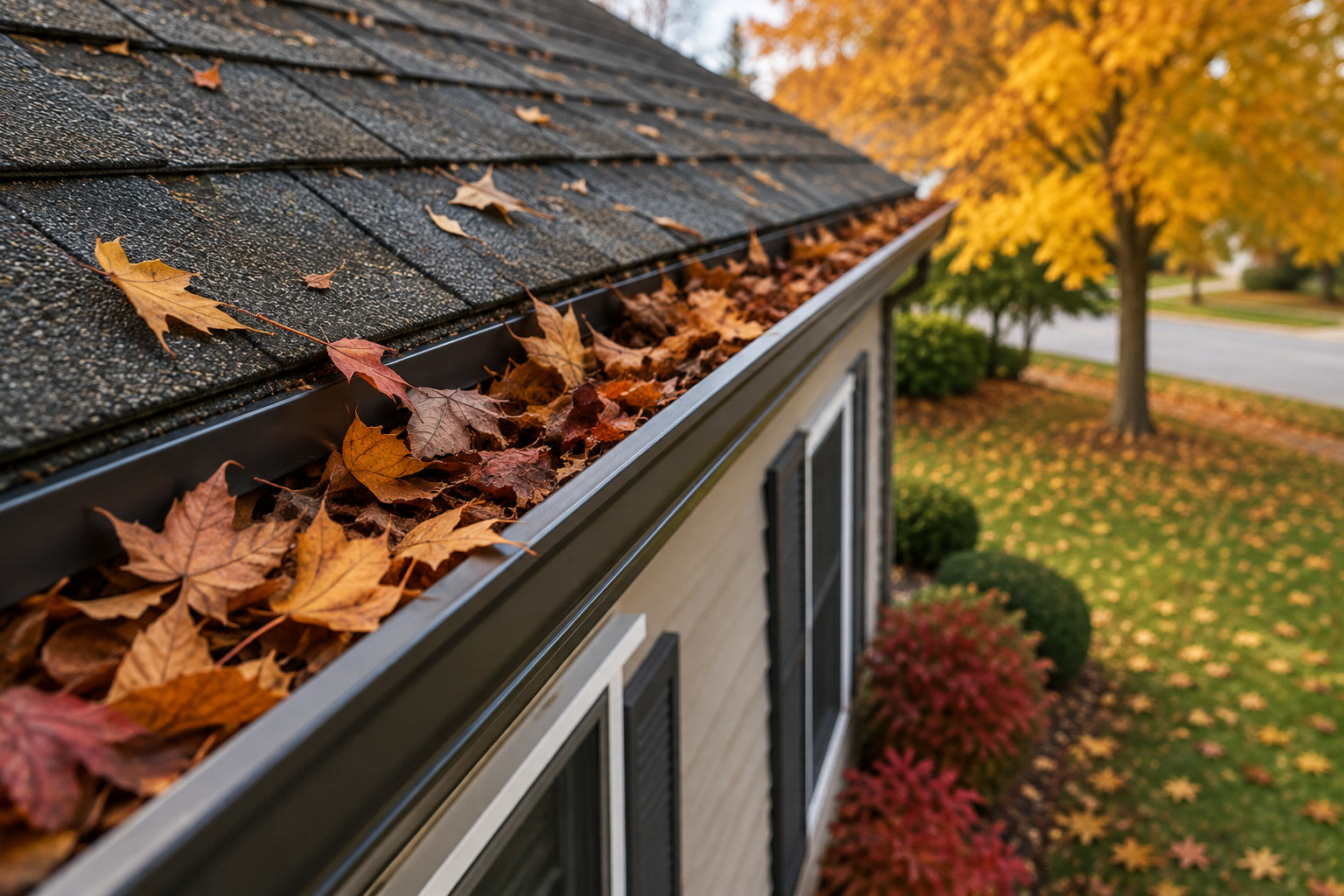 A close-up of a house roof with fallen autumn leaves on the gutter, with a yard and trees with yellow and orange leaves in the background.