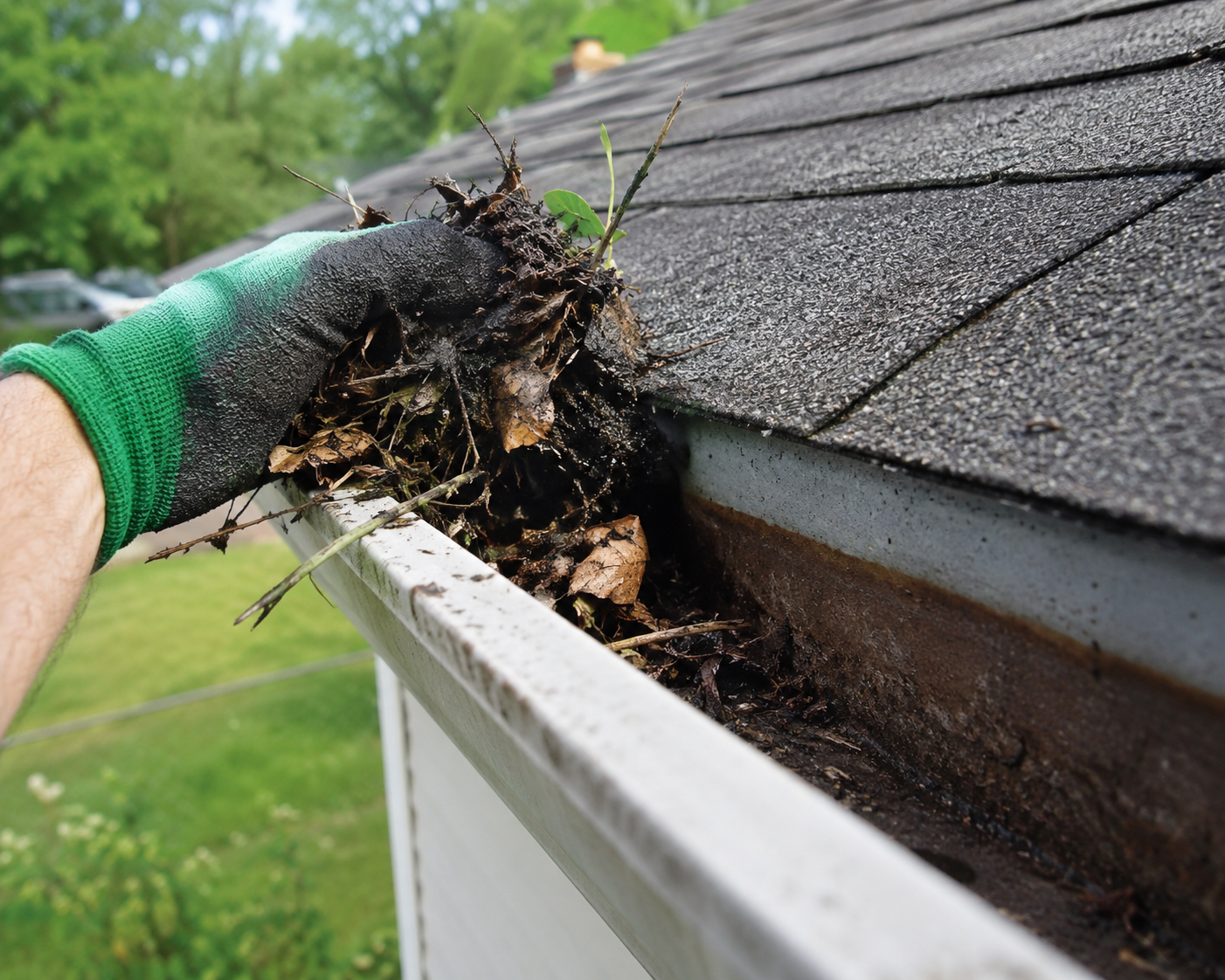 A person wearing a green glove removing debris and leaves from a gutter on a house roof.