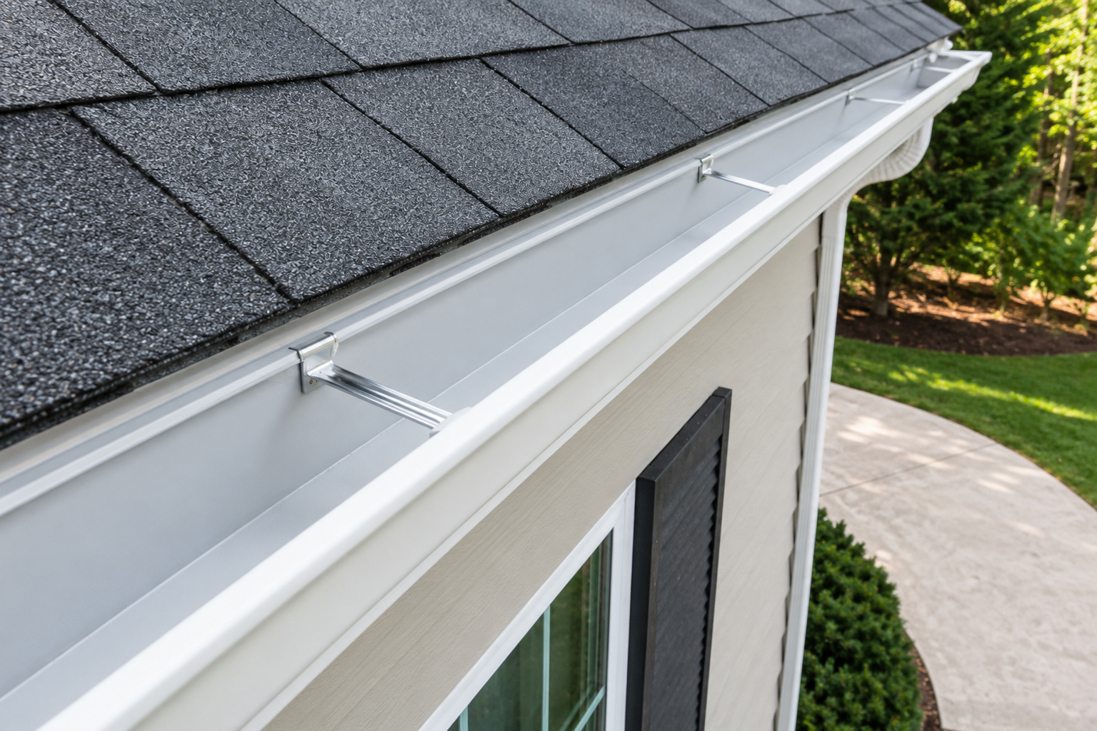 Close-up of a house roof gutter guard with a black shingled roof and a beige house exterior, surrounded by greenery and a sidewalk.
