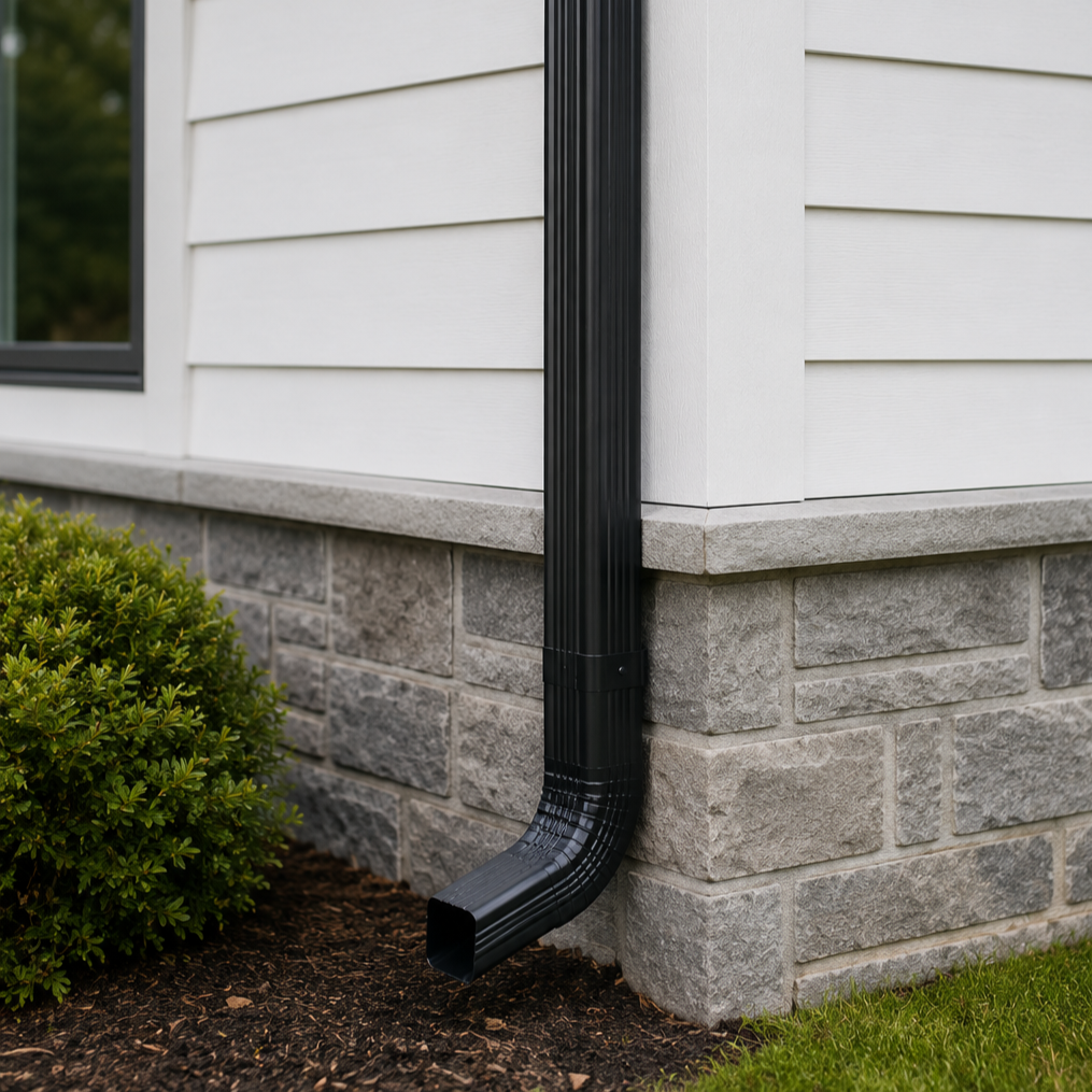 Black gutter downspout attached to the white siding and stone base of a house, with a shrub and grass nearby.