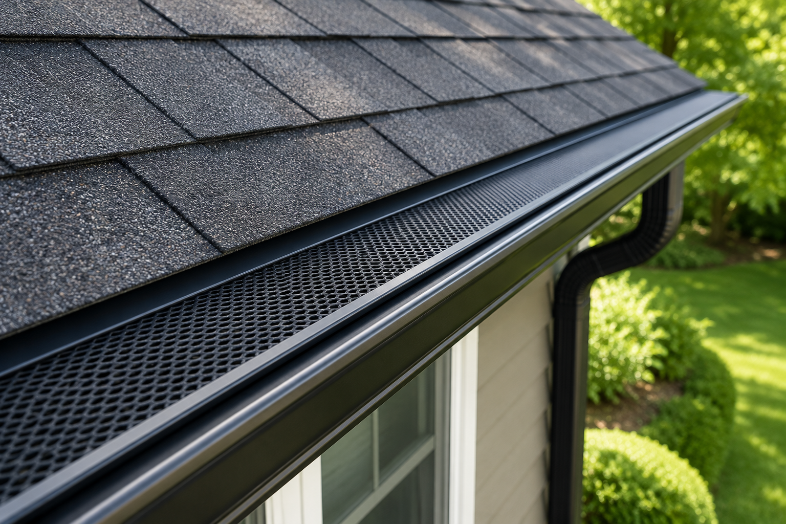Close-up view of a house's roof, showing asphalt shingles and a black gutter guard along the edge, with a green lawn and trees in the background.