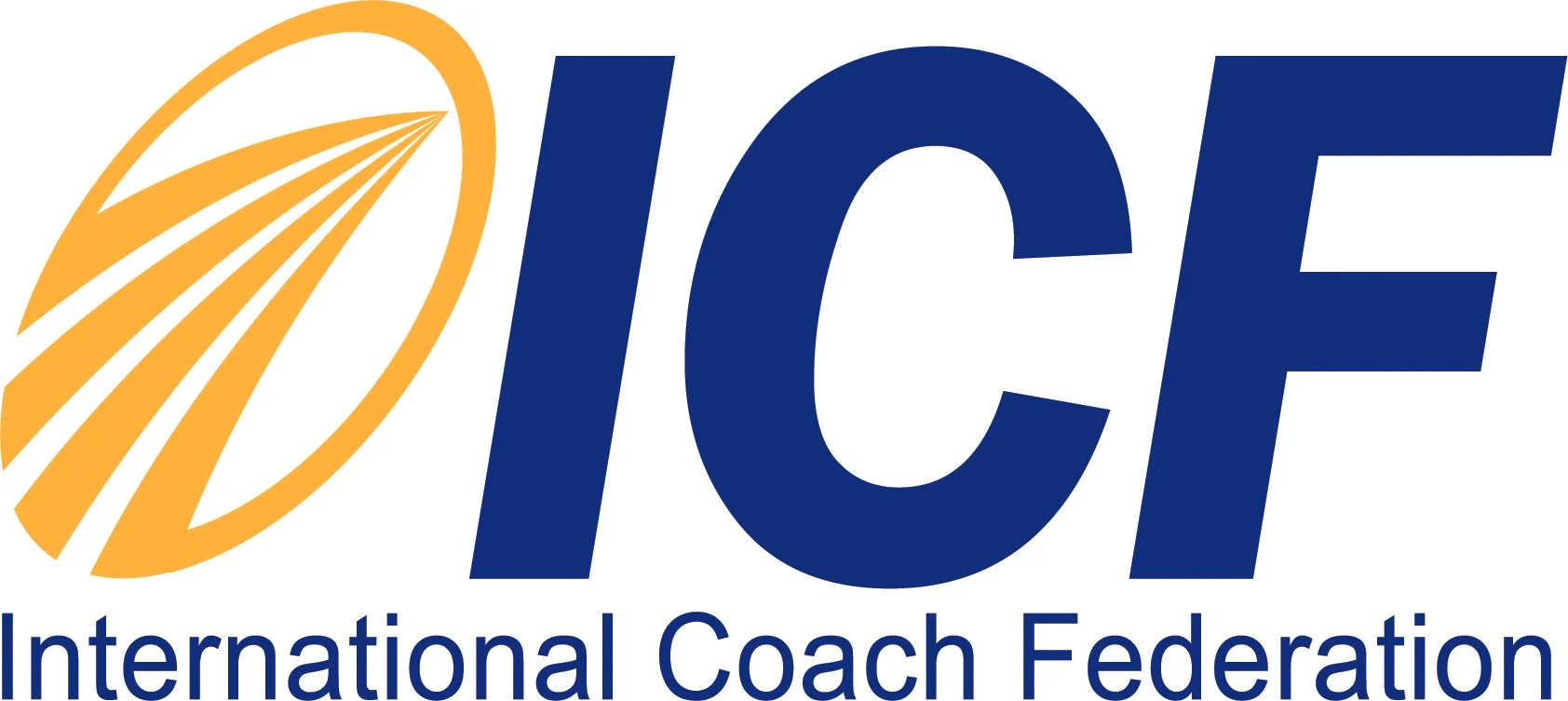 Logo of the International Coach Federation featuring a stylized yellow swoosh design and the acronym 'ICF' in bold blue letters beneath the full name.