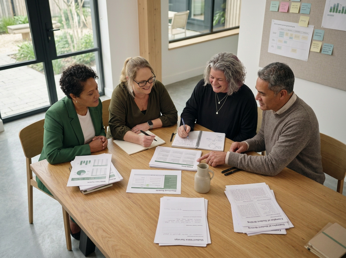 Four people sitting around a desk in a meeting room, discussing documents and taking notes. The table has papers, graphs, and a mug on it. Behind them is a window and a bulletin board with sticky notes and charts.