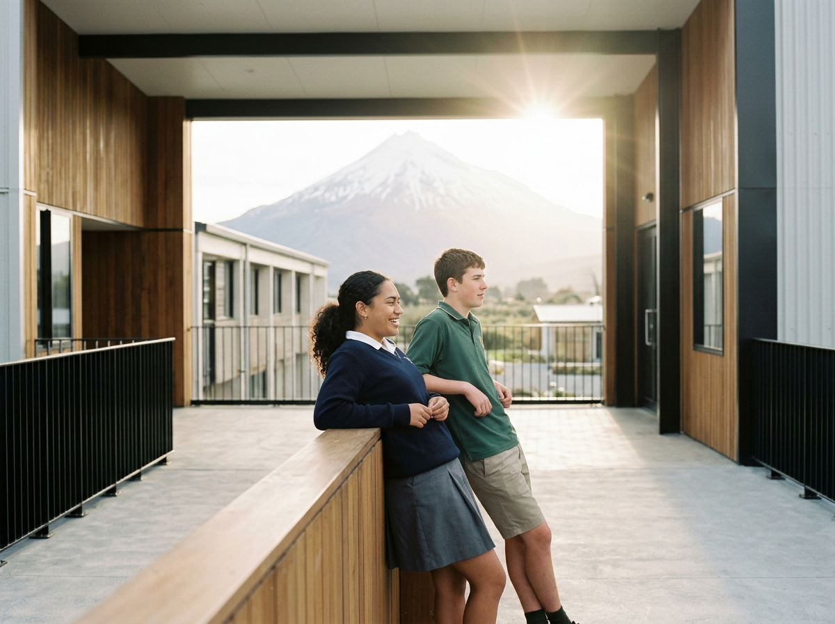 Two students, a girl and a boy, standing on a balcony with a mountain in the background, smiling and casually leaning on a wooden railing.