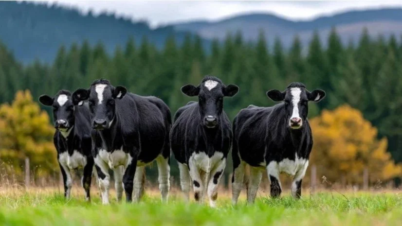 Four black and white cows standing in a green field with trees and mountains in the background.