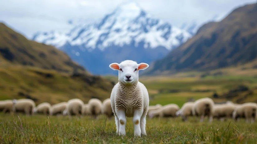 A lamb standing in a grassy field with sheep grazing in the background, mountains, and snow-capped peaks in the distance.