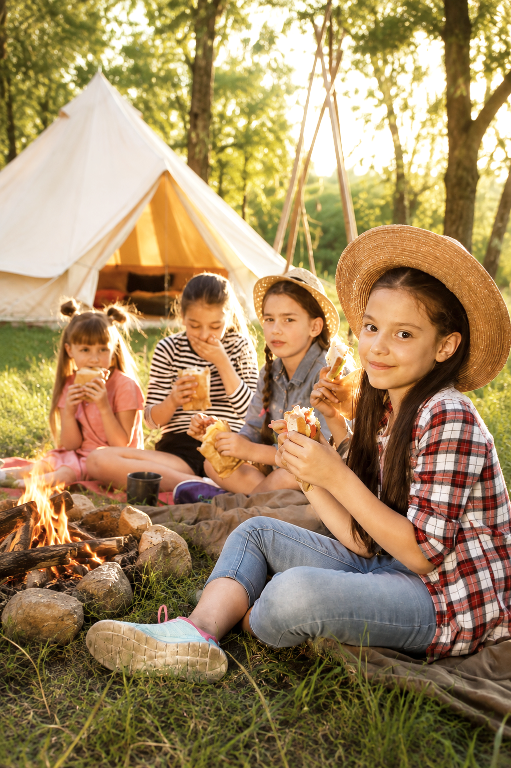 Group of children sitting by a campfire eating sandwiches in a wooded area with a tent in the background, during sunset.