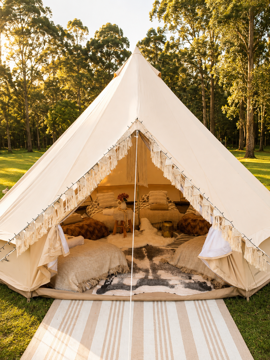 Interior of a beige canvas tent with fabrics and pillows, situated outdoors on grass with trees and sunlight in the background.