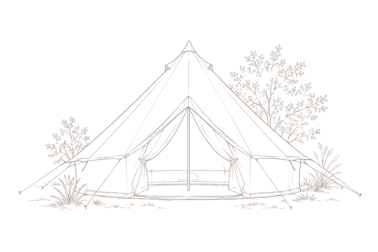 Outline of a large tent with open flaps, surrounded by trees and shrubbery, on a black background.