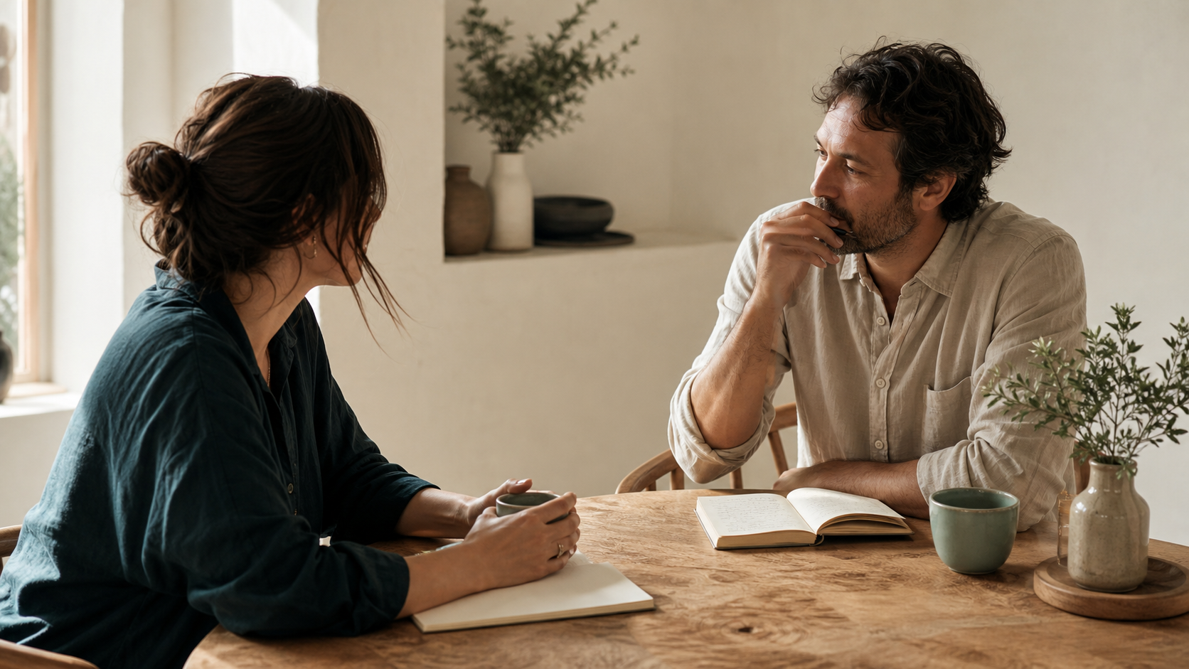 Two people having a thoughtful conversation at a table.