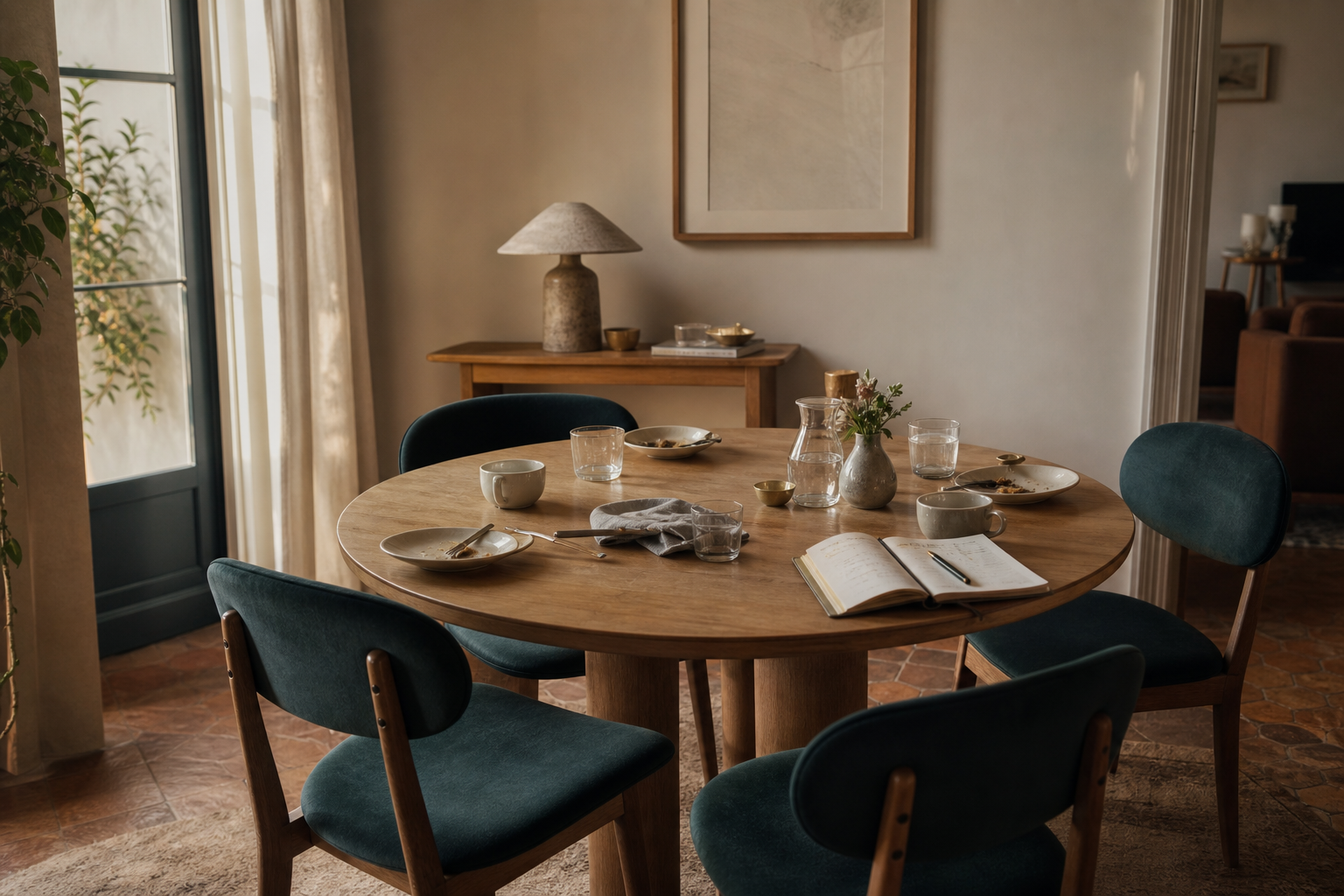 A round table with notebooks and place settings after a shared conversation.