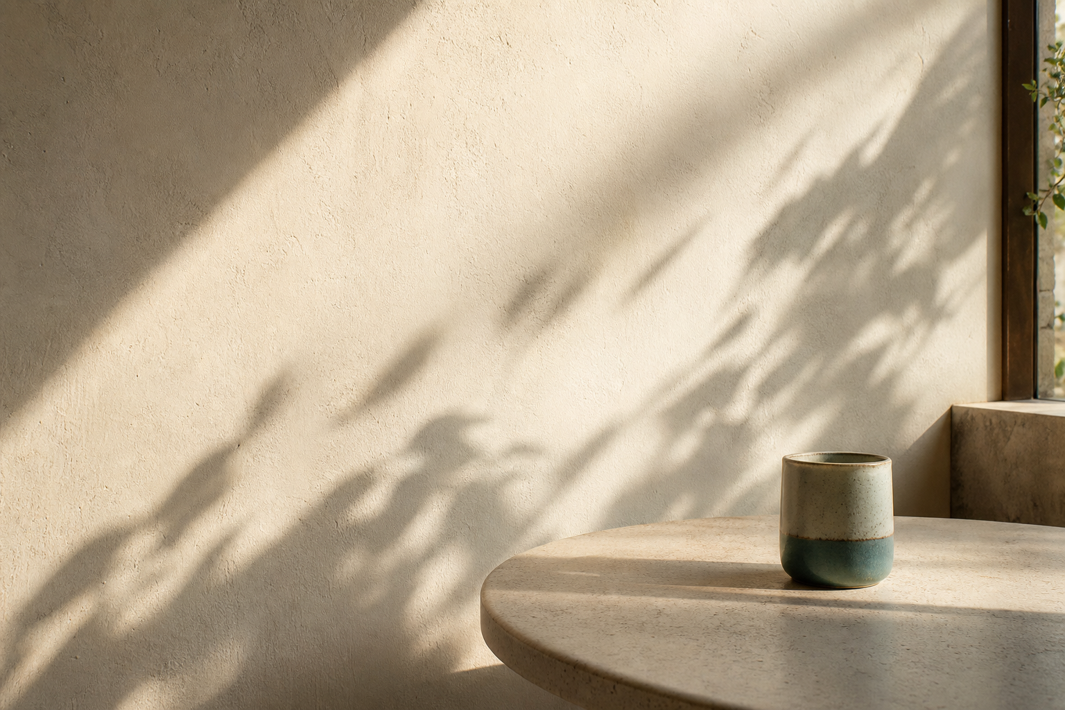 A ceramic cup on a sunlit table with soft plant shadows on the wall.