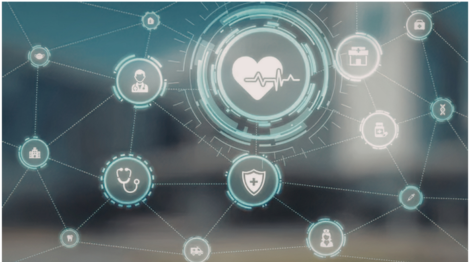 Digital health icons connected by dotted lines, featuring a heart with a heartbeat line at center, surrounded by medical symbols such as a doctor, stethoscope, shield, ambulance, teeth, and DNA strand.