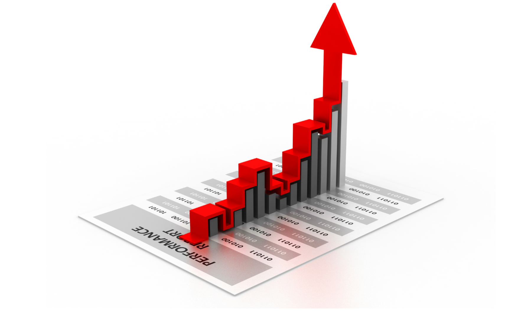 3D bar graph with red upward arrow representing growth, positioned on binary data sheet.