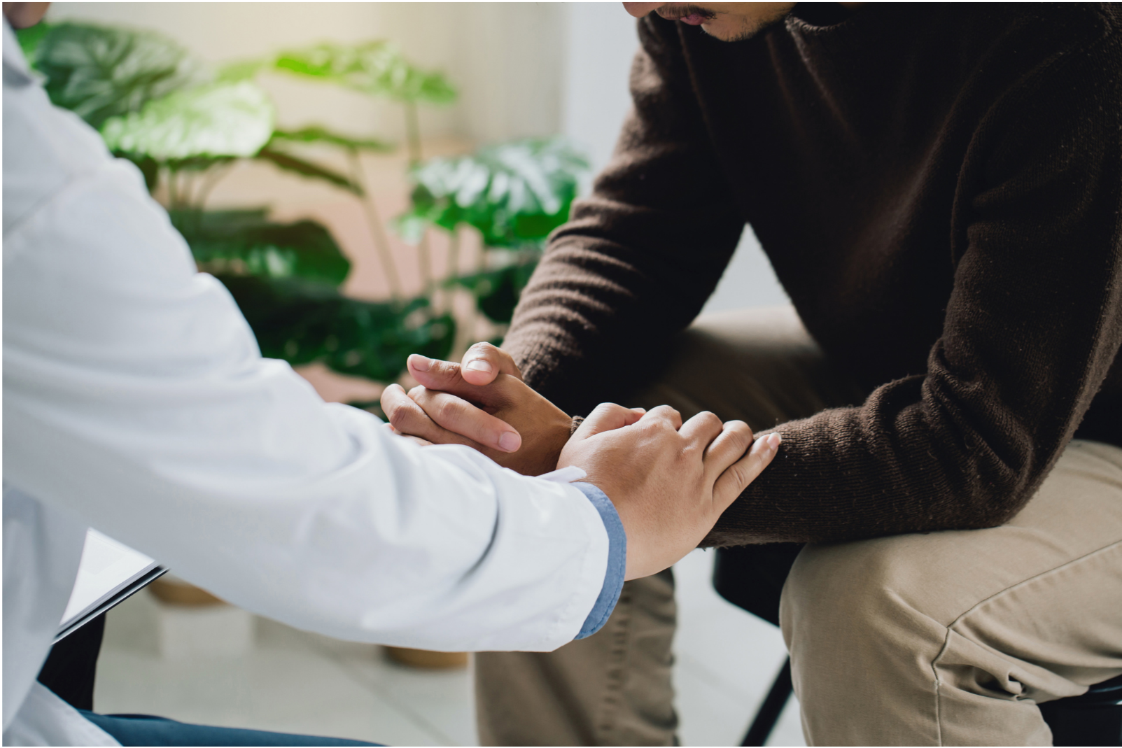A person in a dark brown sweater sits with their hands clasped, while another person in a white coat holds their hands gently, in what appears to be a consoling or comforting gesture. In the background, there are large green plants.