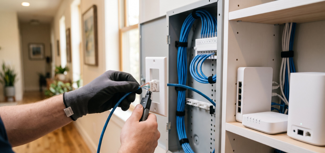 Person wearing a glove wiring an Ethernet cable into a wall outlet inside a network cabinet with blue cables and a router.