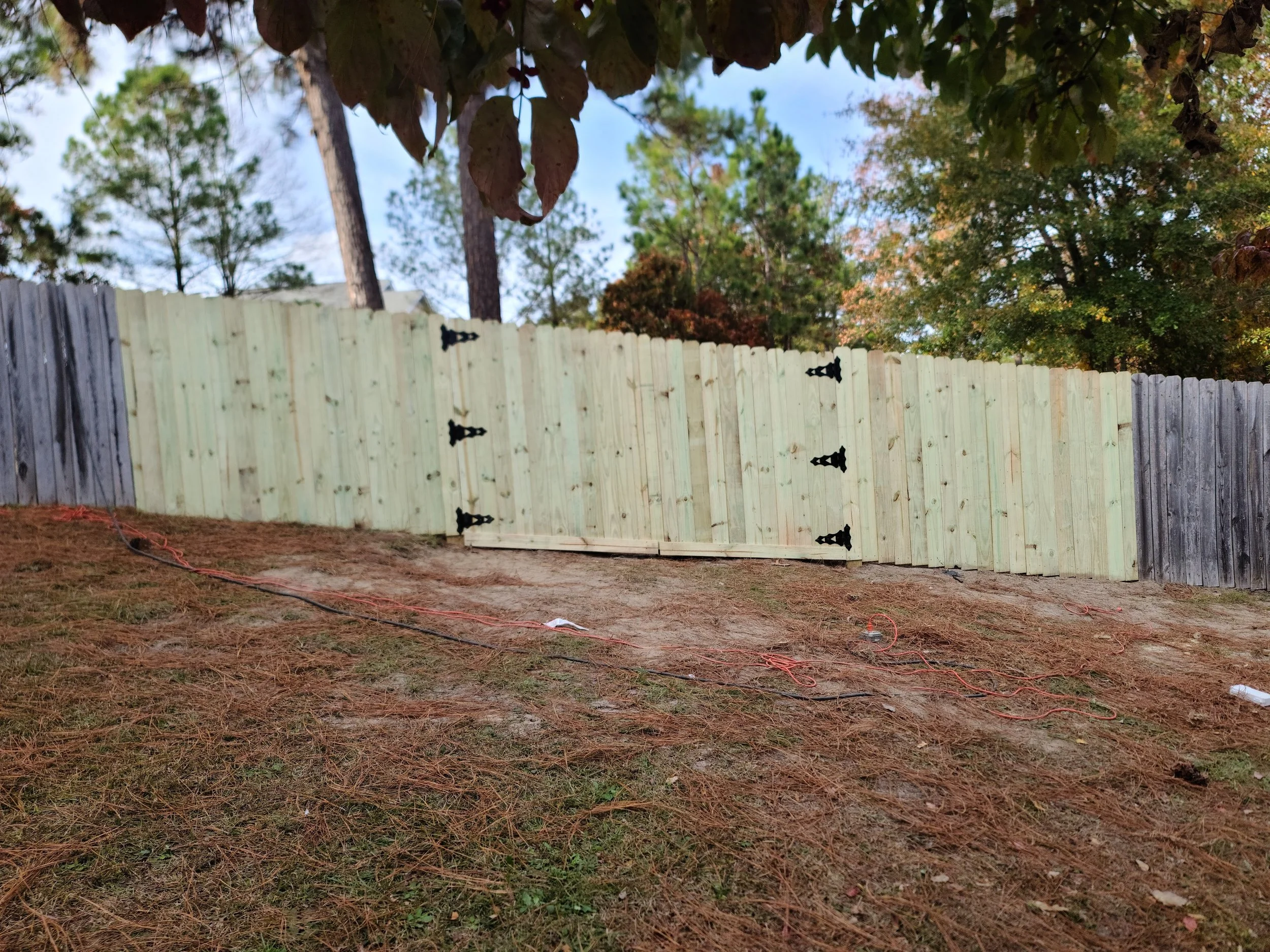 A wooden fence with black decorative figures, some trees in the background, and a patch of ground with grass and pine needles in the foreground.