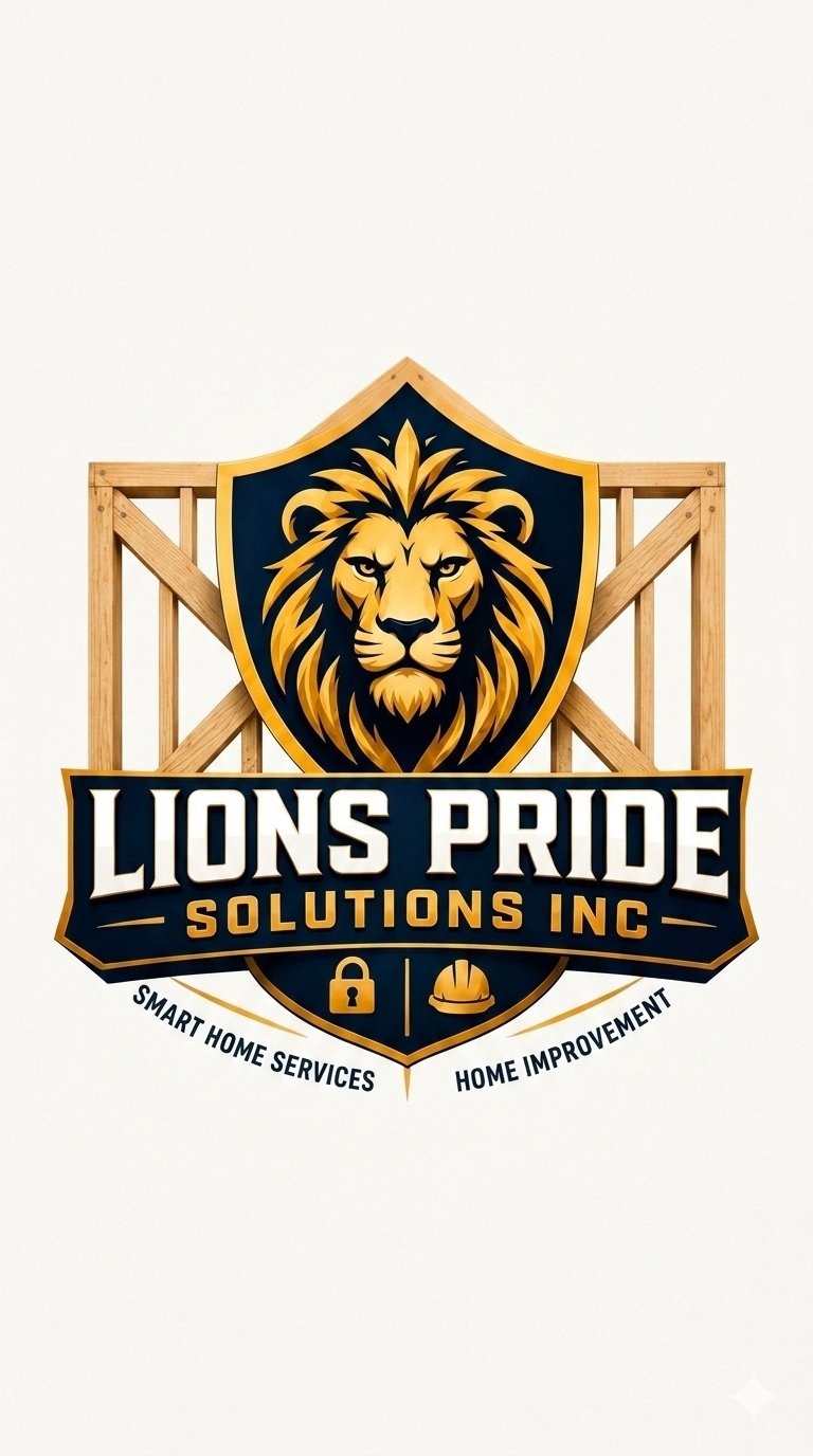 Logo for Lions Pride Solutions Inc featuring a lion's head, with the company name and icons representing smart home services and home improvement.
