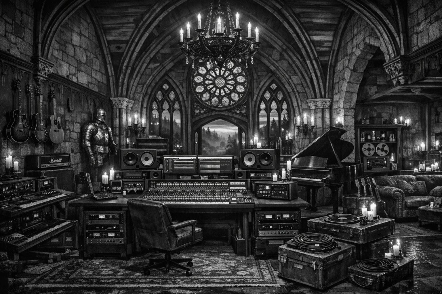 A black and white image of a music recording studio set in a Gothic-style stone room with arched windows, a chandelier, and candles. The room contains music equipment including guitars on the wall, a grand piano, large speakers, a mixing console, and various recording gear.