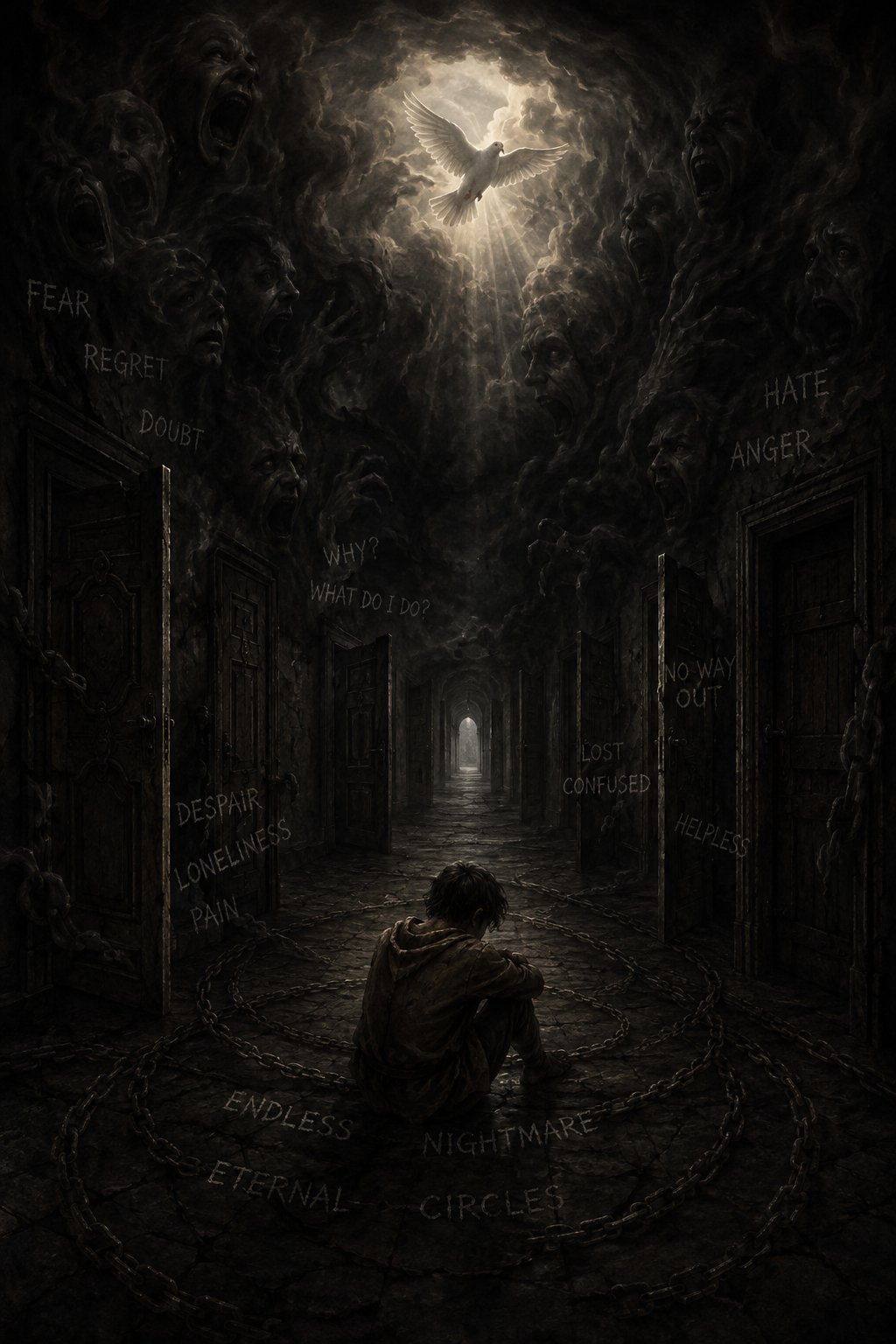 A young boy sits alone on the dark, cracked floor of a haunted hallway with open doors. Around him are chains inscribed with words like "Endless," "Nightmare," "Circles," and "Eternal." Dark, smoky faces with open mouths float in the ominous ceiling, with words like "Fear," "Regret," "Doubt," "Hate," and "Anger" written among them. At the top, a white dove shines light through a hole in the stormy, dark clouds.