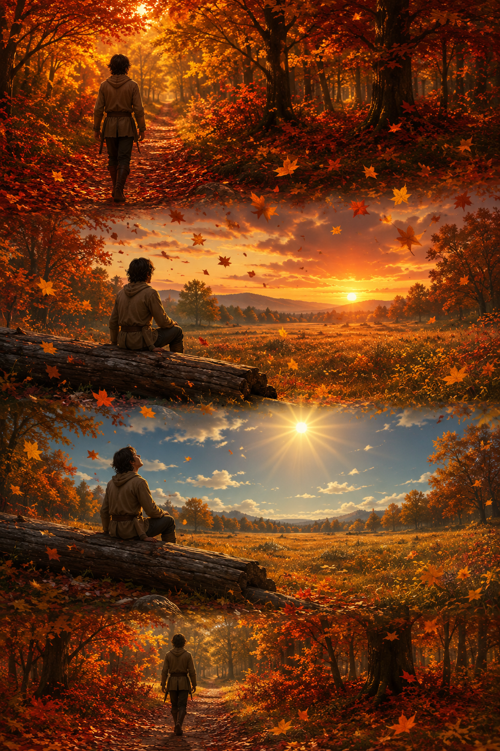 A person walking through a vibrant autumn forest during the daytime.