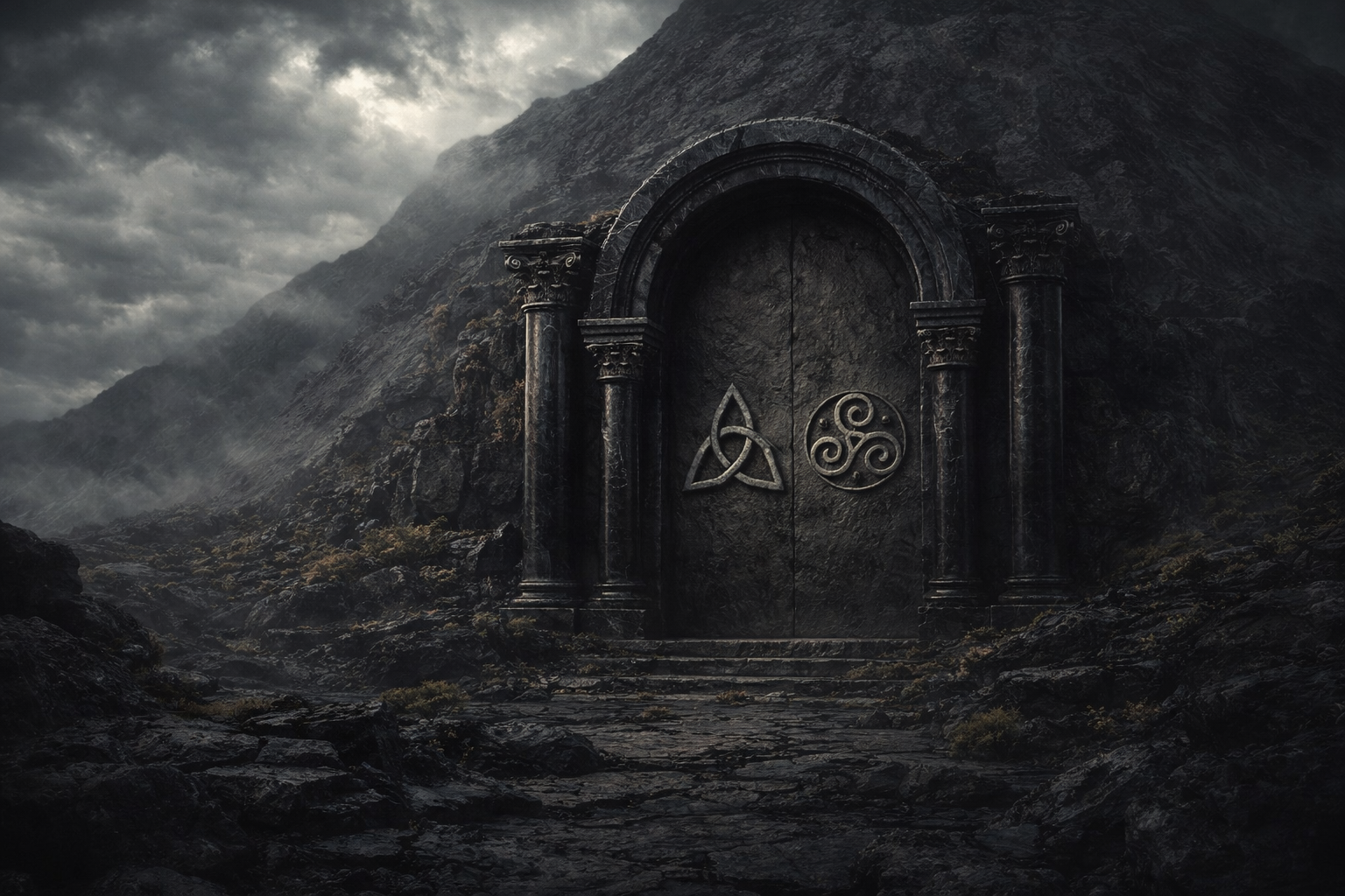 A dark, ancient stone door with intricate carvings and symbols, set into a rugged mountainous landscape with stormy clouds overhead.