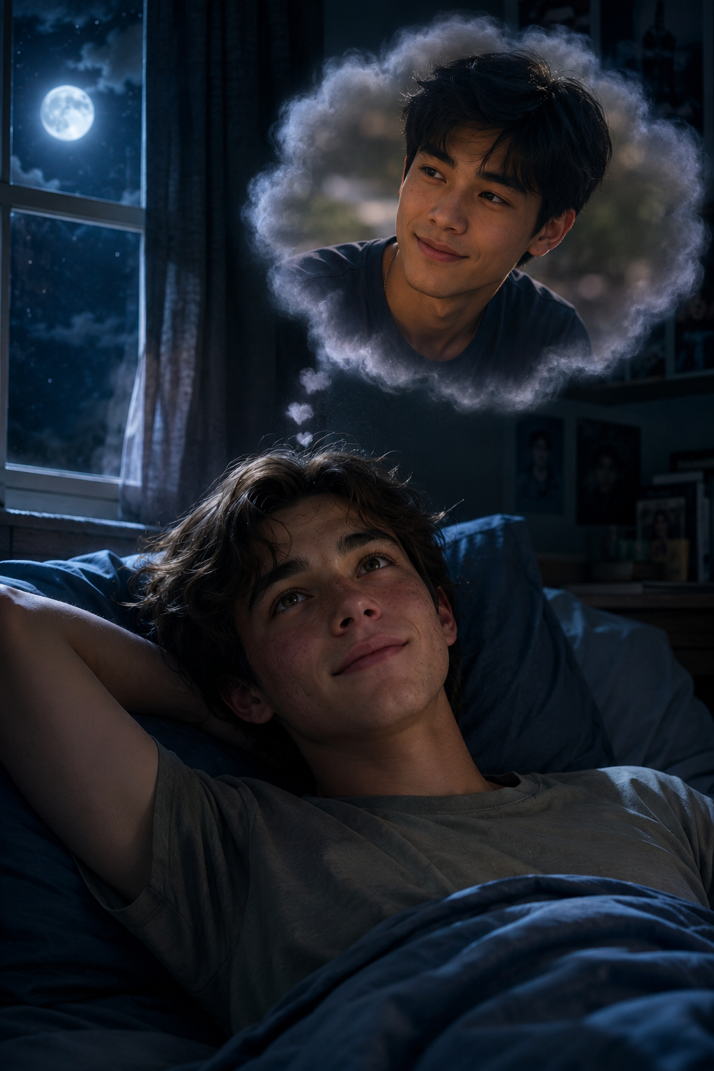 A teenage boy lies in bed at night, dreaming about a young man under a full moon. The dream figure appears in a thought bubble above the boy's head, depicting a smiling young man with dark hair.